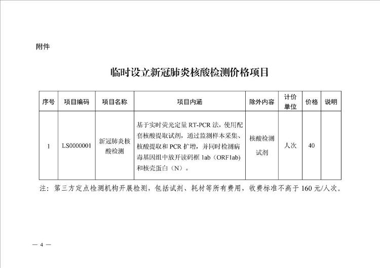 关于临时设立新冠肺炎核酸检测价格项目的通知