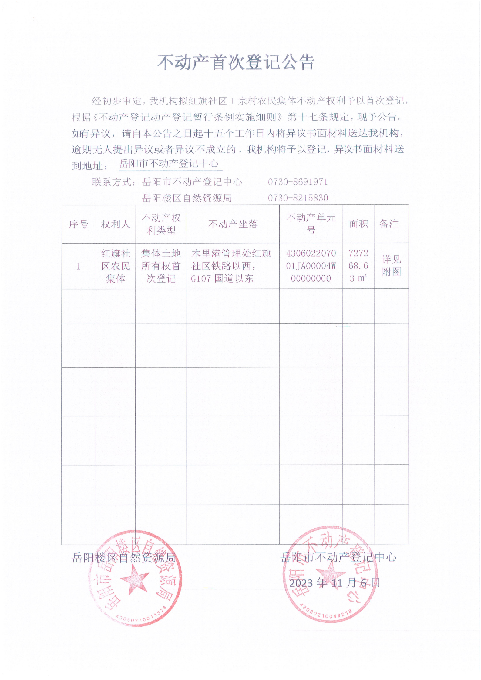 不动产首次登记公告（红旗社区农民集体）